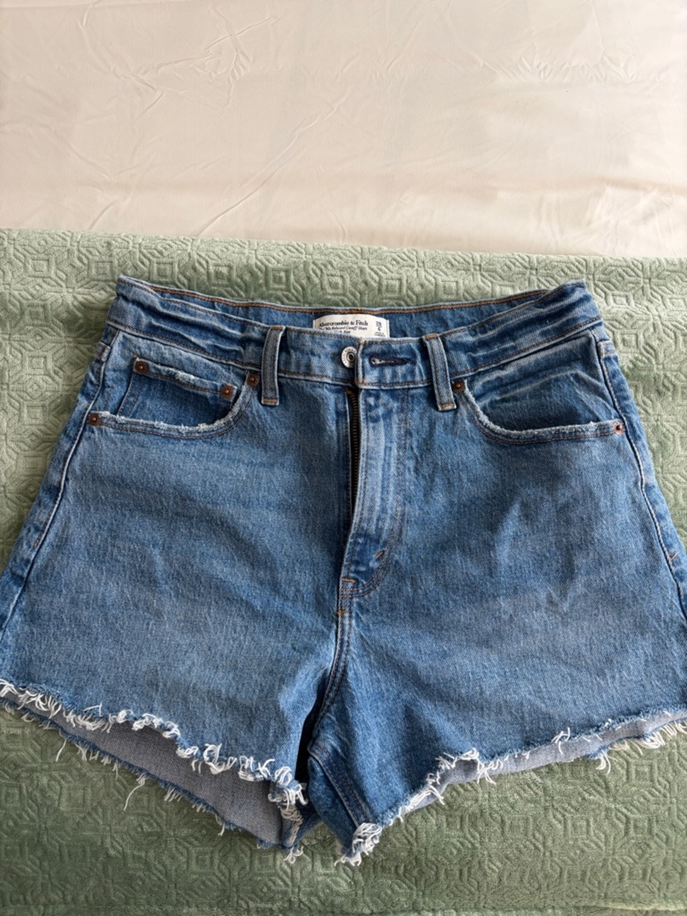 Abercrombie & Fitch Mid Blue High-Rise Frayed Denim Shorts